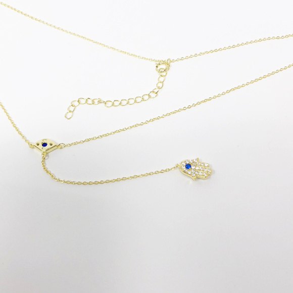 Gold Silver Evil Eye with Dropped Hamsa Necklace - Picture 5 of 7